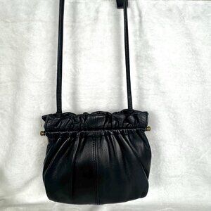 Ande 1960s Black Leather Mini Purse Ruffle Top Brass Hardware Diamond Shape Open
